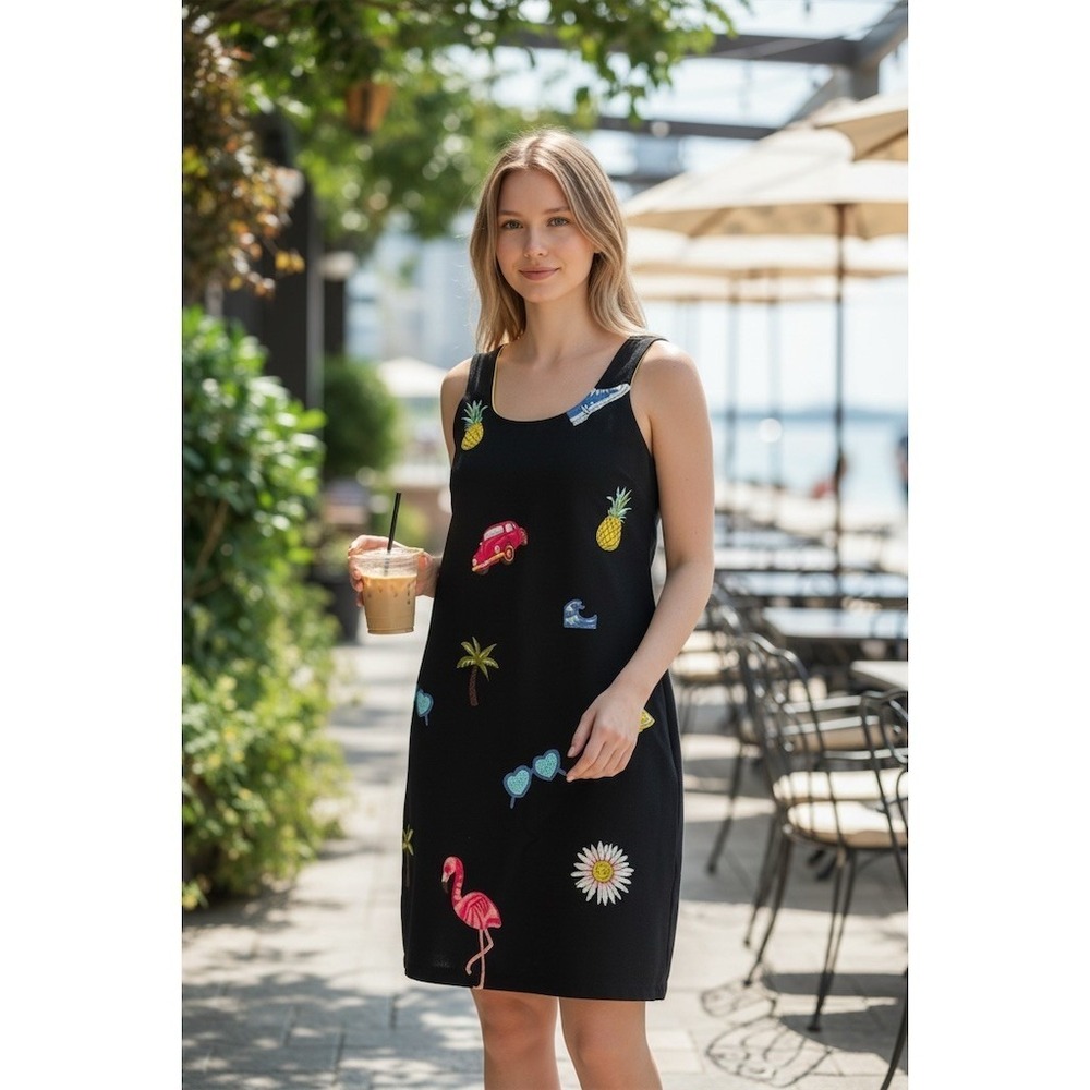 Nicole Miller Studio Dress Womens‎ 14 Black Tropical Shift Knee Length vacation